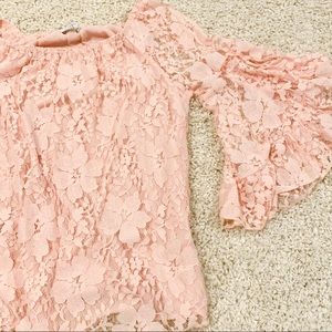 Flowy Peach Lace Blouse with 3/4 Bell Sleeves